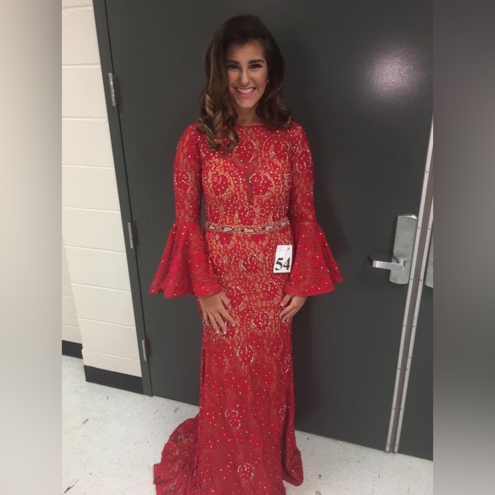 Long sleeve red, open back, jovani